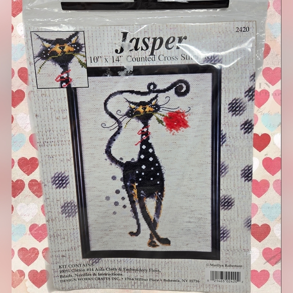 Design Works Craft Jasper the Cat Counted Cross Stitch Kit 10x14 Red Beaded Rose